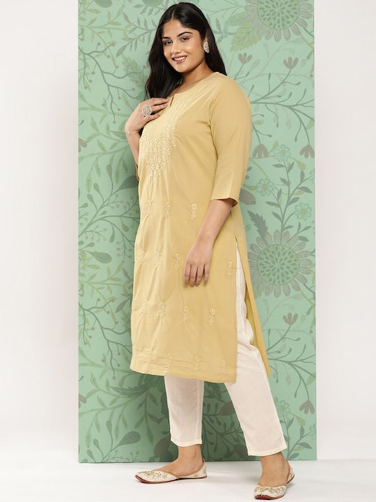 Yufta Plus Size Floral Embroidered Chikankari Pure Cotton Kurta