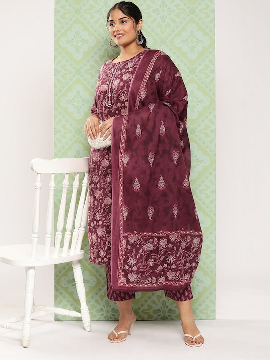 Yufta Plus Size Floral Printed Sequinned Pure Cotton Kurta with Trousers & Dupatta