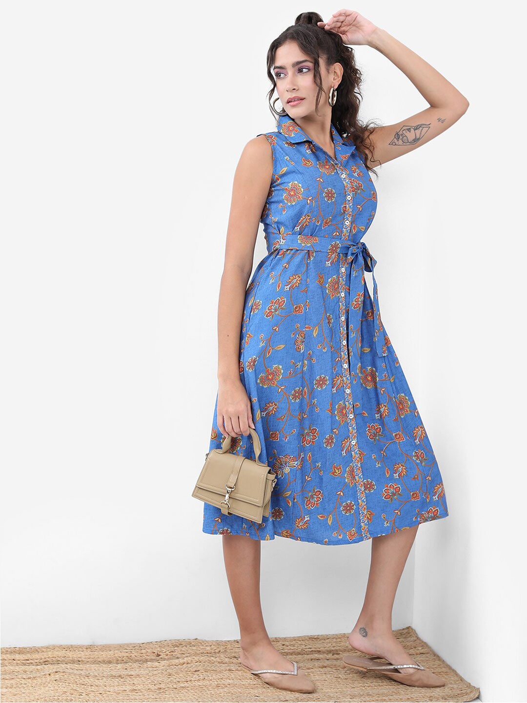 Vishudh Blue & Brown Colour Floral Printed & Belted Detailed Fit & Flare Midi Dress