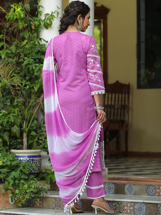 SCAKHI Floral Embroidered Chikankari Pure Cotton Kurta With Trousers & Dupatta