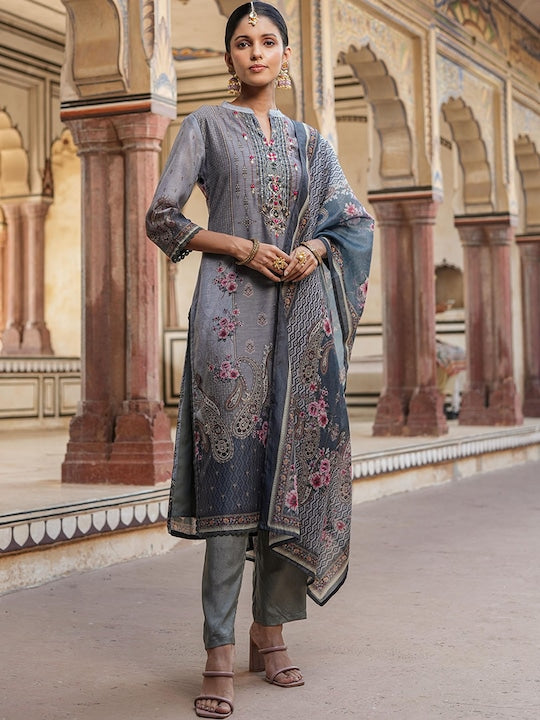 Scakhi Floral Printed Beads and Stones Chanderi Silk Kurta With Trousers & Dupatta