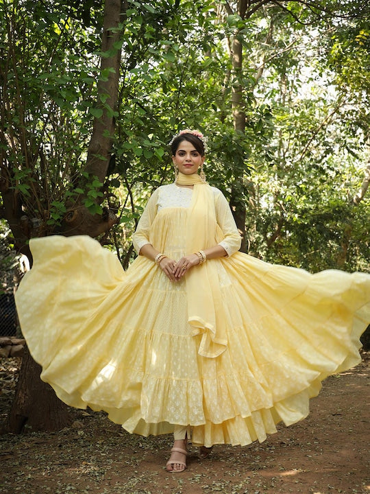 Scakhi Printed Embroidered Cotton Fit & Flared Tiered Dress With Dupatta