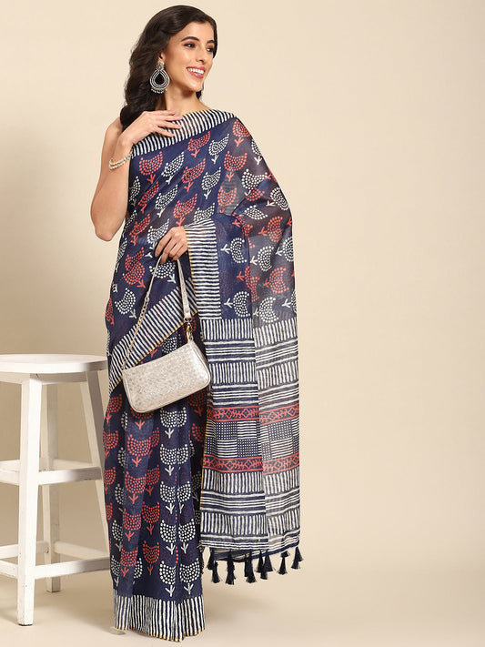 Silk Land Dabu Bagh Block Print Indigo Saree