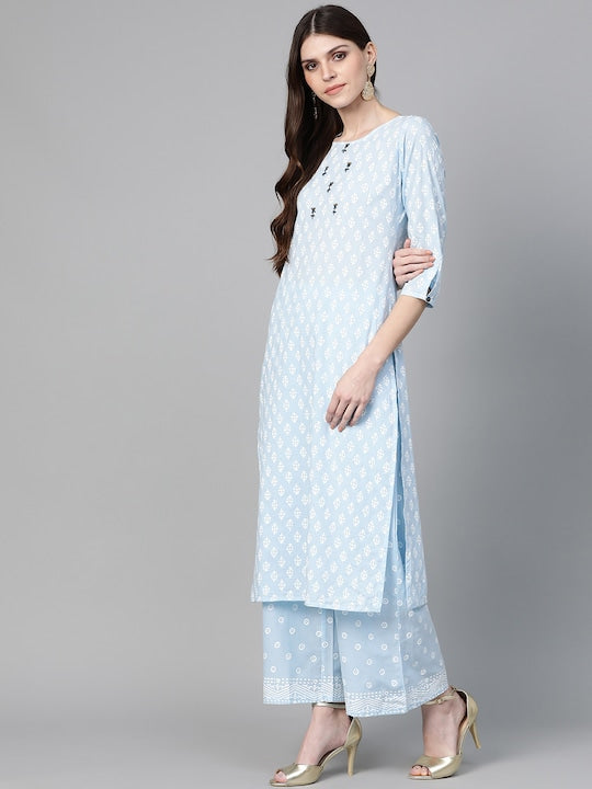 Yufta Women Blue & White Printed Kurta with Palazzos & Dupatta