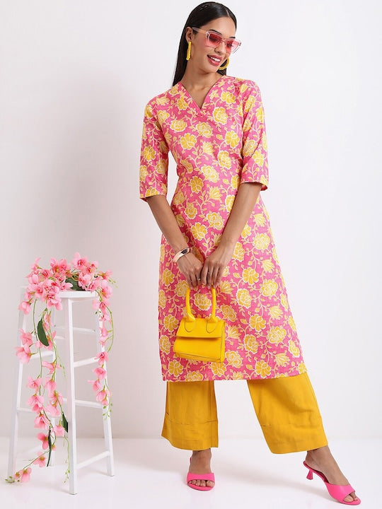 Vishudh Pink & Yellow Floral Printed Sequinned Kurta