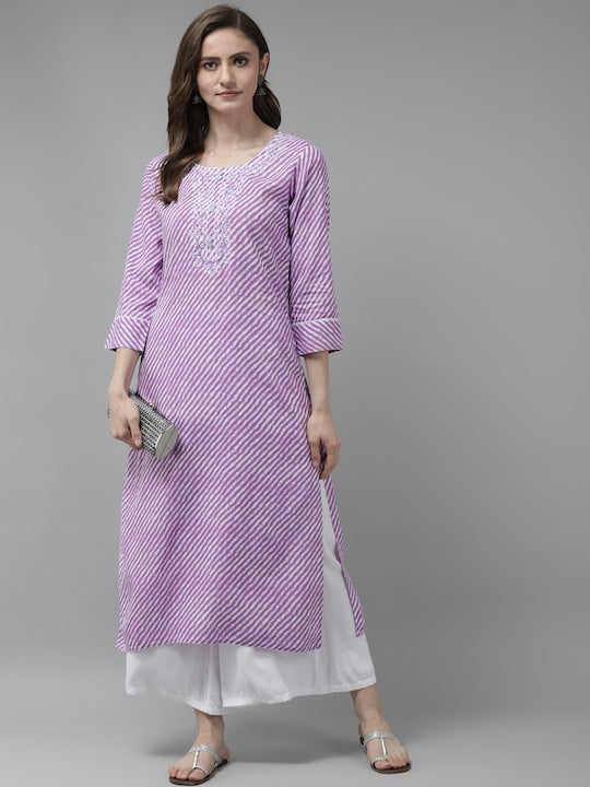 Yufta Women Lavender & Off White Leheriya Print Embroidered Kurta