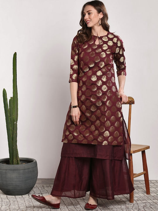Sangria Women Burgundy Woven Design Kurta with Palazzos