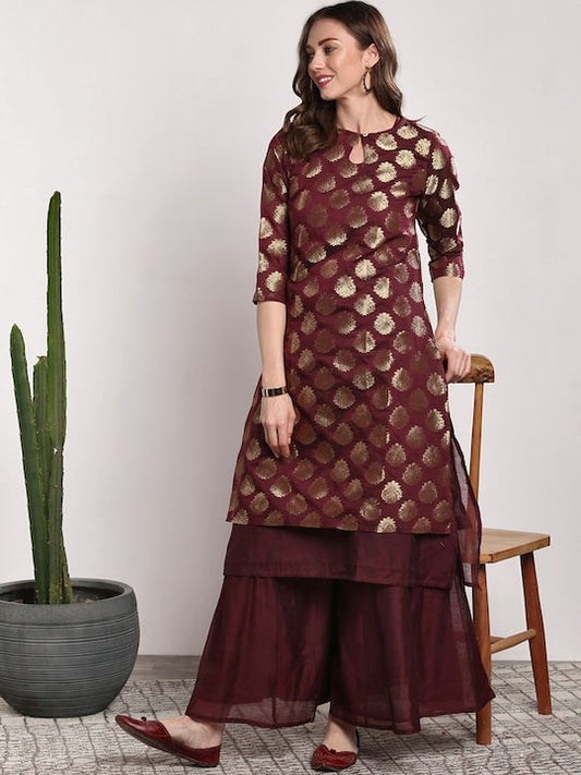 Sangria Women Burgundy Woven Design Kurta with Palazzos