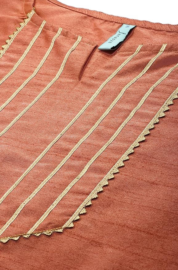Janasya Women's Peach Poly Silk Kurta With Pant