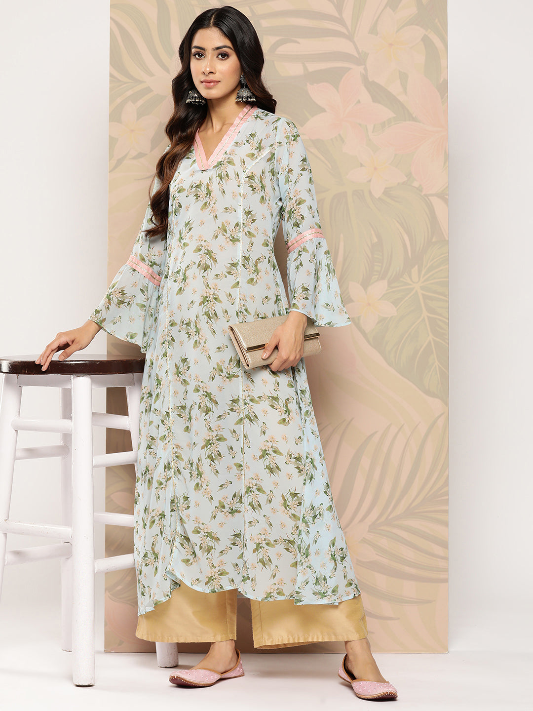 Ahalyaa Floral Printed Bell Sleeves Gotta Patti Georgette Kurta