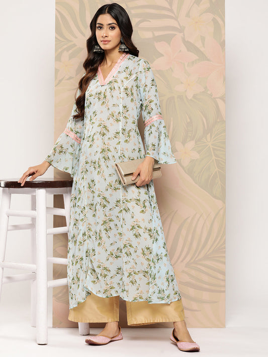 Ahalyaa Floral Printed Bell Sleeves Gotta Patti Georgette Kurta