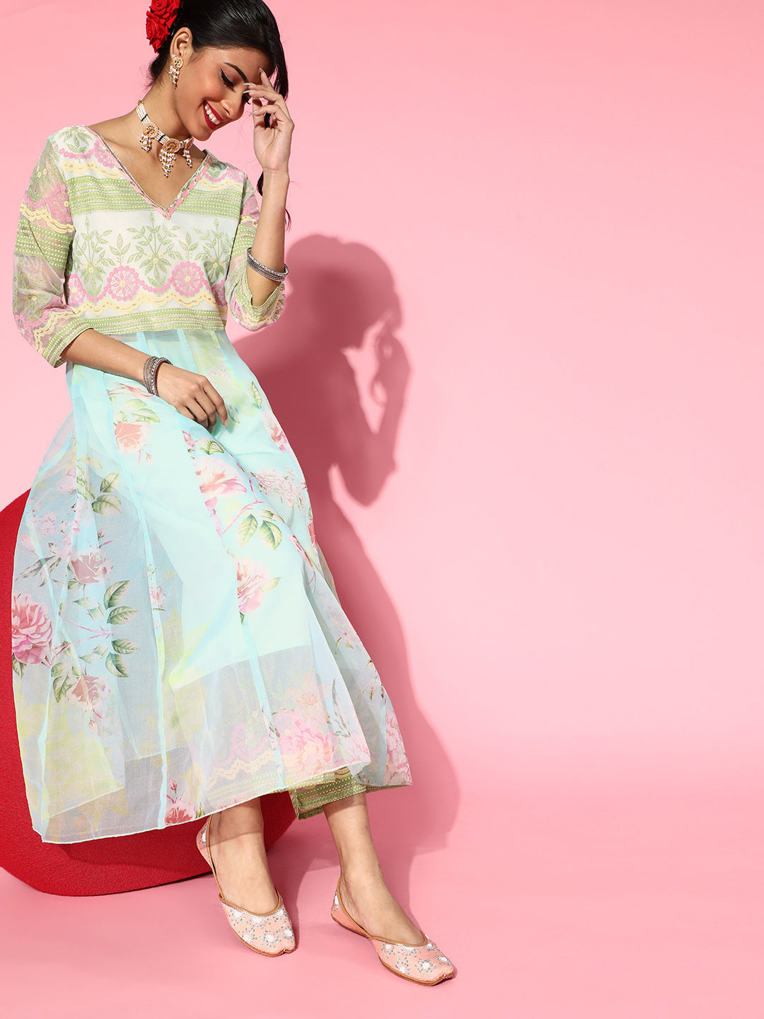 Ahalyaa Women Sea Green Organza Romantic Florals Kurta Palazzo Set