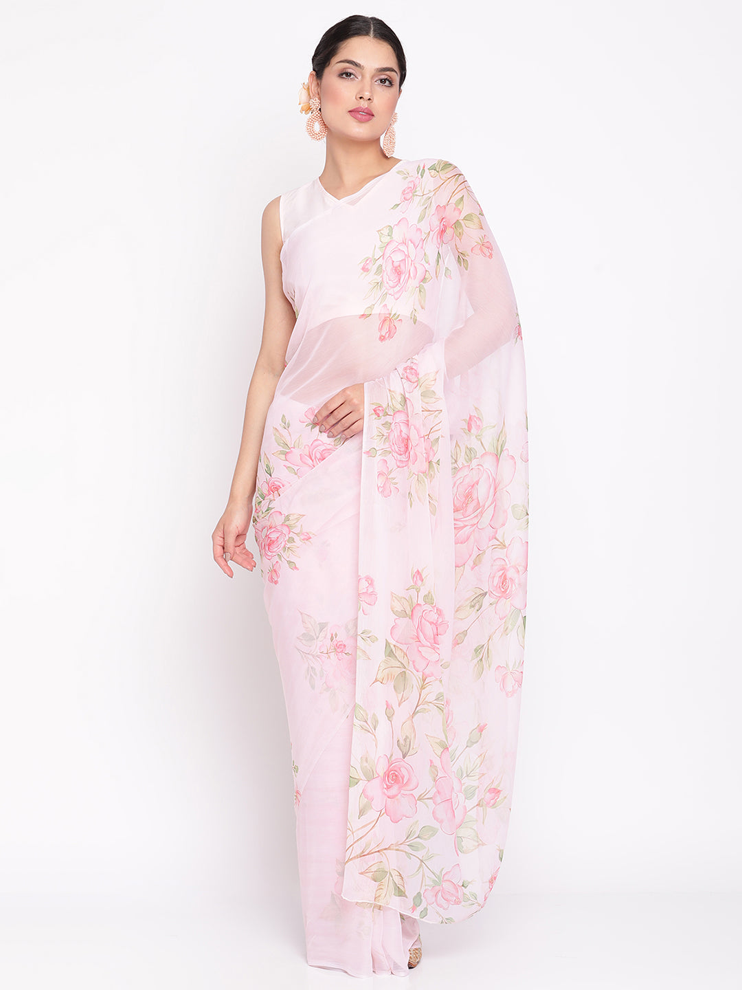 Ahalyaa Women's Baby Pink Colour Chiffon Digital Print Saree