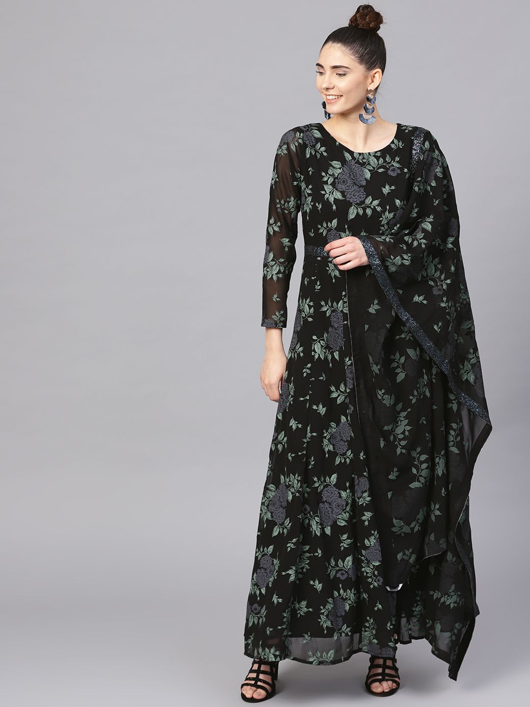 Ahalyaa Black Georgette Anarkali Kurta With Dupatta