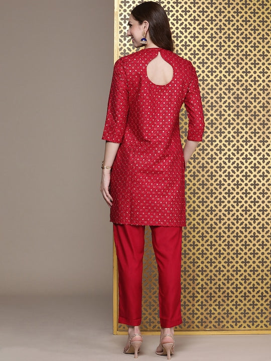 House of Pataudi Ethnic Motifs Embroidered Regular Sequinned Jashn Kurti With Trousers