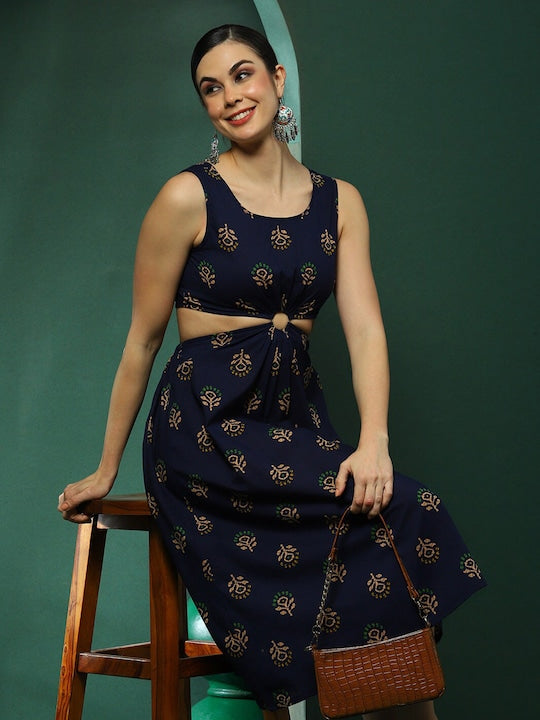 AKS Floral Print A-Line Cotton Cut-Out Midi Dress