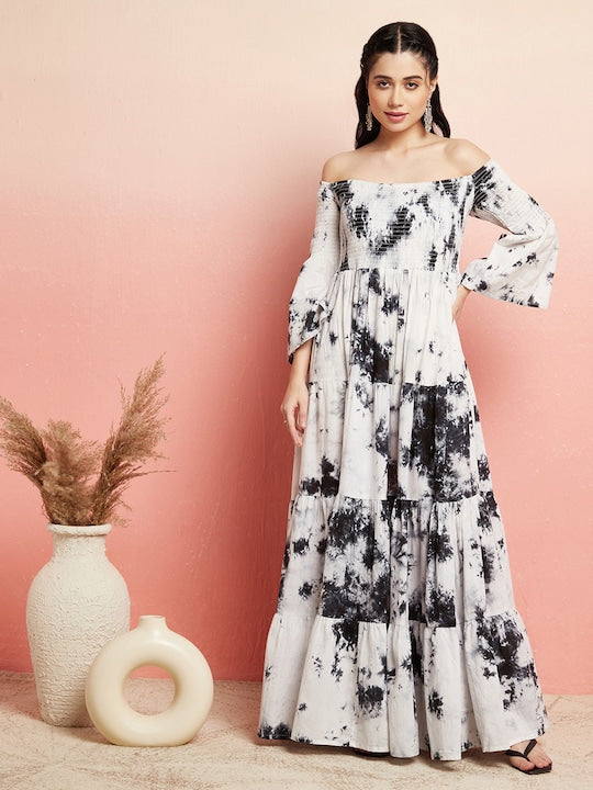 AKS Tie And Dyed Off-Shoulder Cotton Maxi Dress