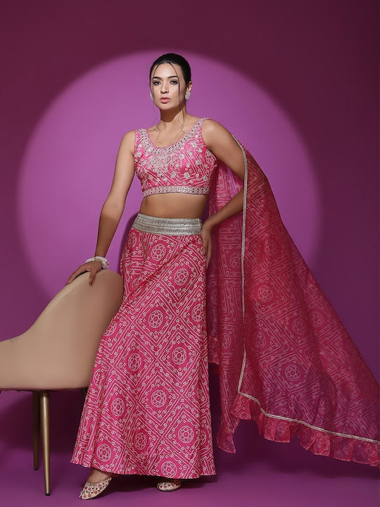 AKS Bandhani Embroidered Sequinned Ready To Wear Lehenga & Blouse With Dupatta