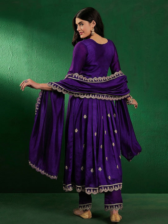 Sangria Embroidered Zardosi Zari Sequined Velvet A-Line Kurta With Palazzos & Dupatta