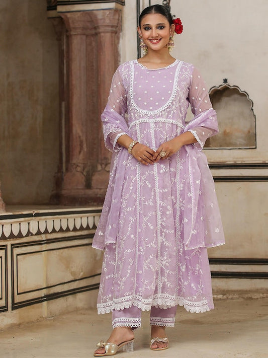 SCAKHI Floral Embroidered Empire Thread Work Kurta with Trousers & Dupatta - XL