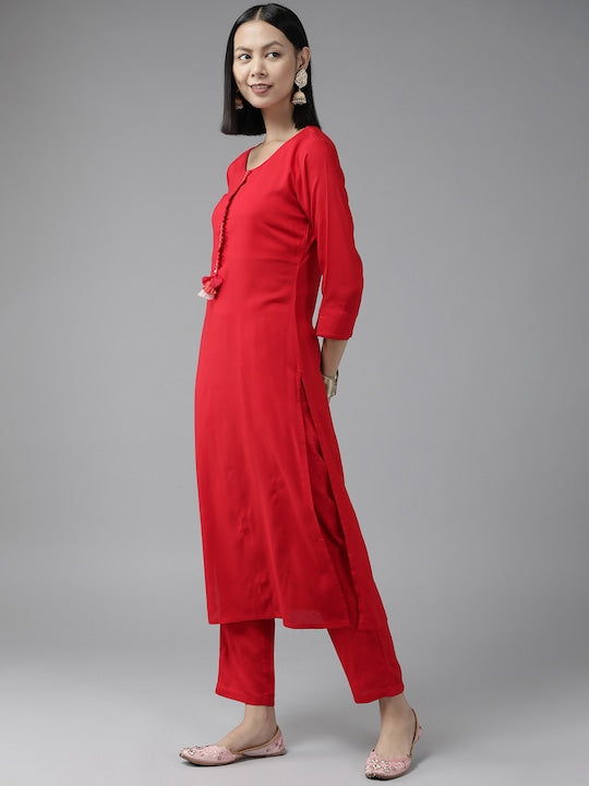 Yufta Women Red Kurta with Trousers & With Dupatta