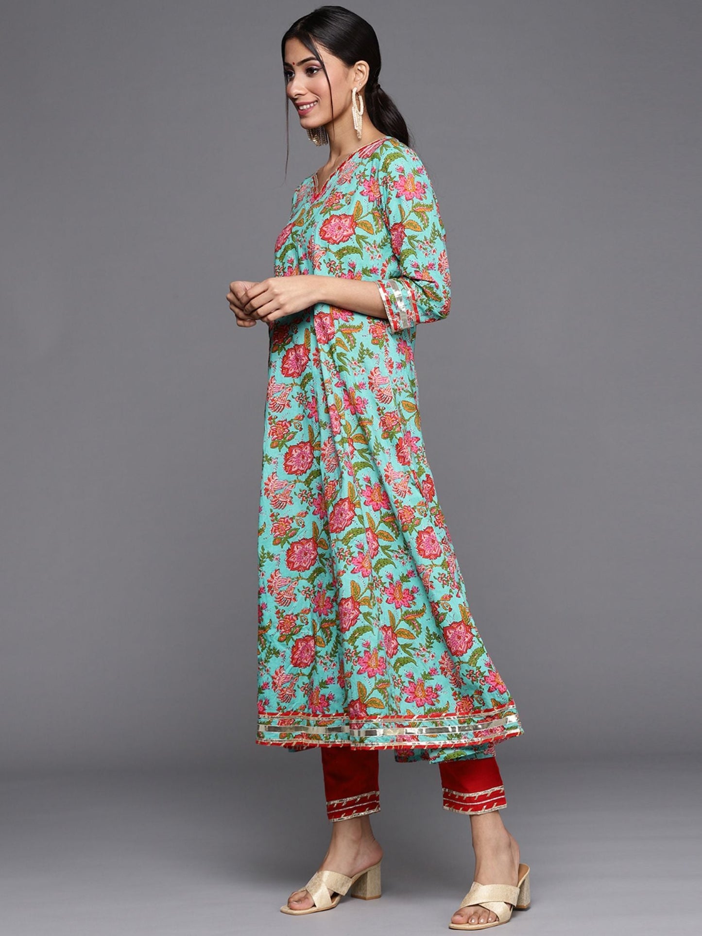 KSUT Women Blue Kalamkari Printed Anarkali Kurta (Set of 3)