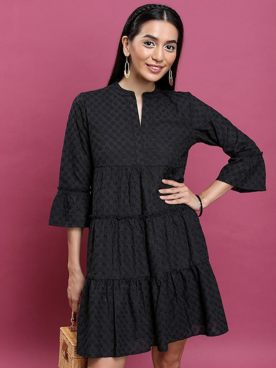 Vishudh Floral Embroidered Mandarin Collar Bell Sleeve A-Line Above Knee Dress