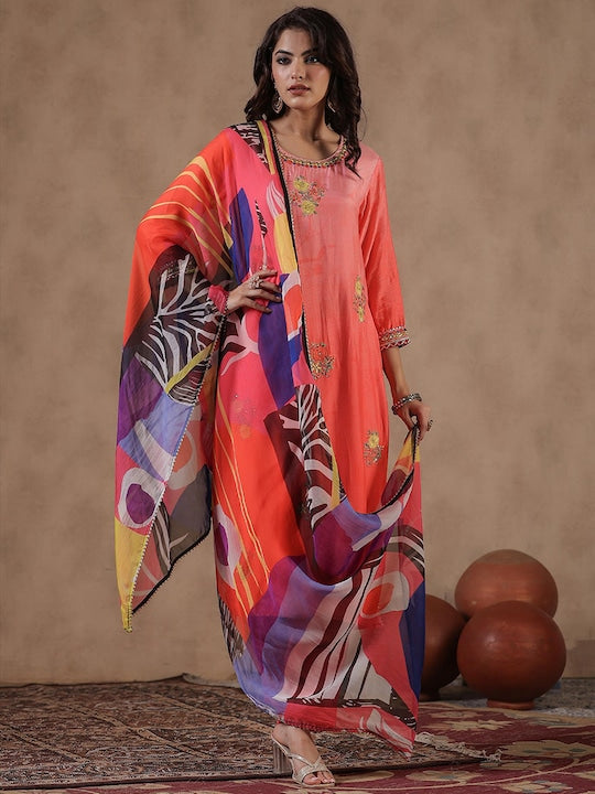 Scakhi Floral Embroidered Gotta Patti Kurta With Trousers & Dupatta
