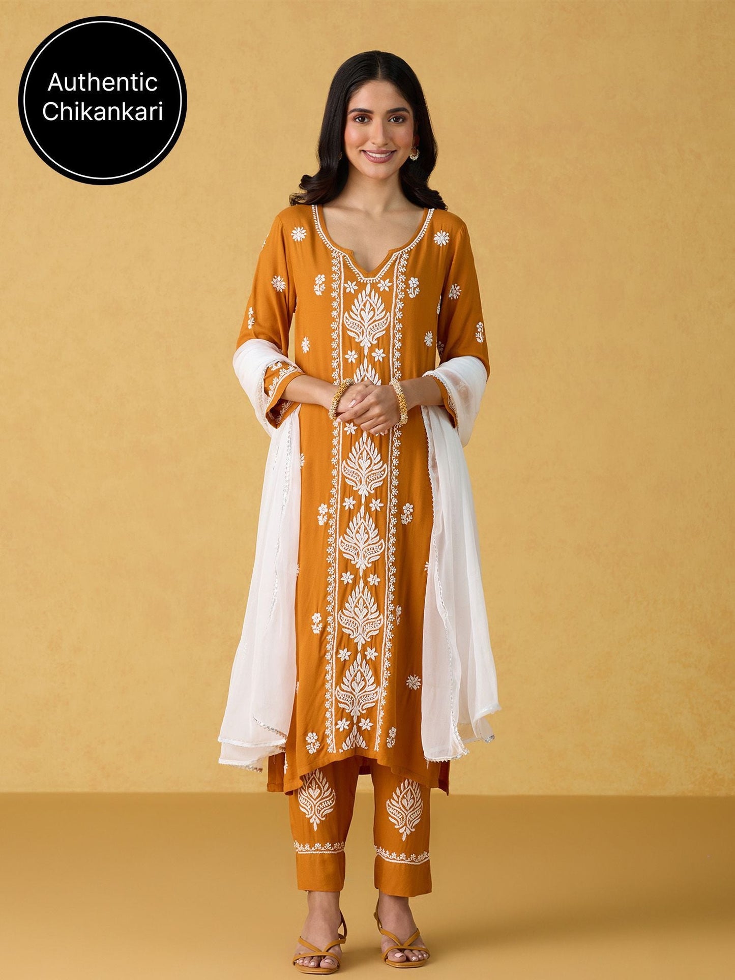 Likha Yellow Chikankari Kurta Pant & Dupatta LIKSKD299 (Set of 3)