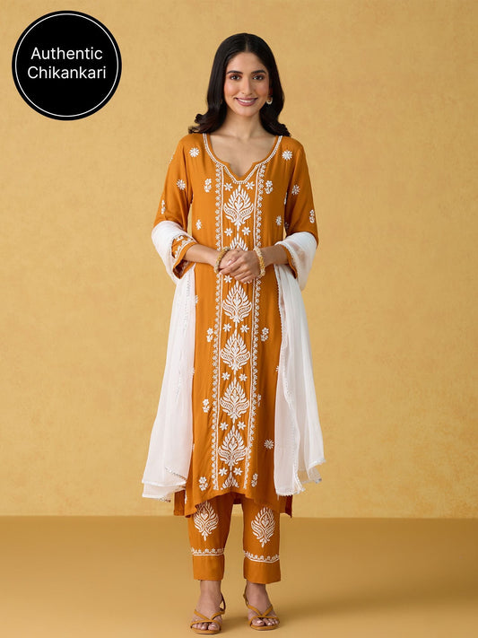 Likha Yellow Chikankari Kurta Pant & Dupatta LIKSKD299 (Set of 3)