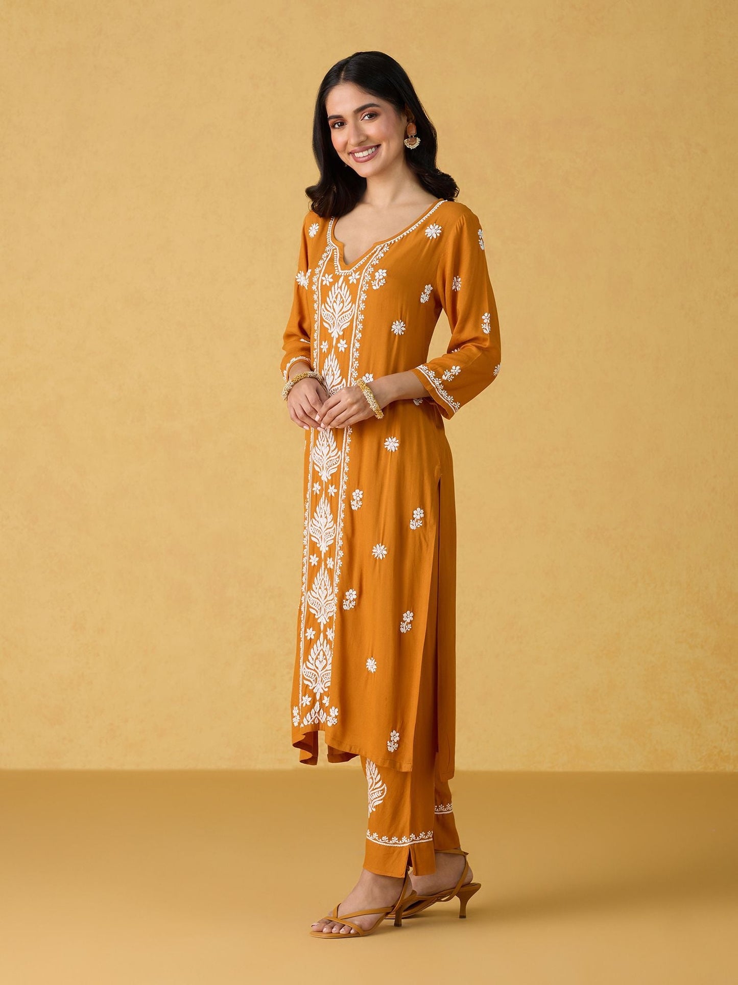 Likha Yellow Chikankari Kurta Pant & Dupatta LIKSKD299 (Set of 3)