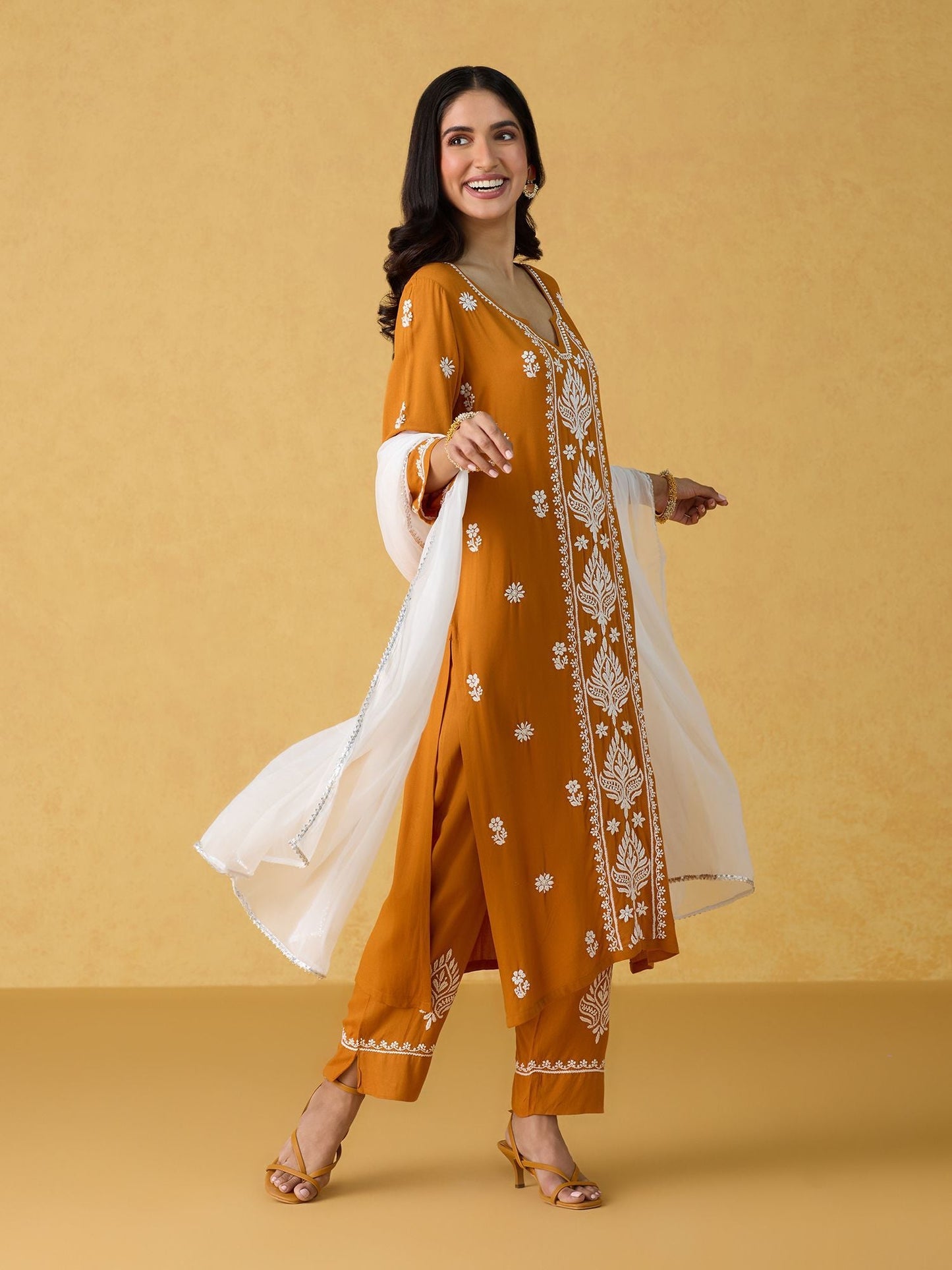 Likha Yellow Chikankari Kurta Pant & Dupatta LIKSKD299 (Set of 3)