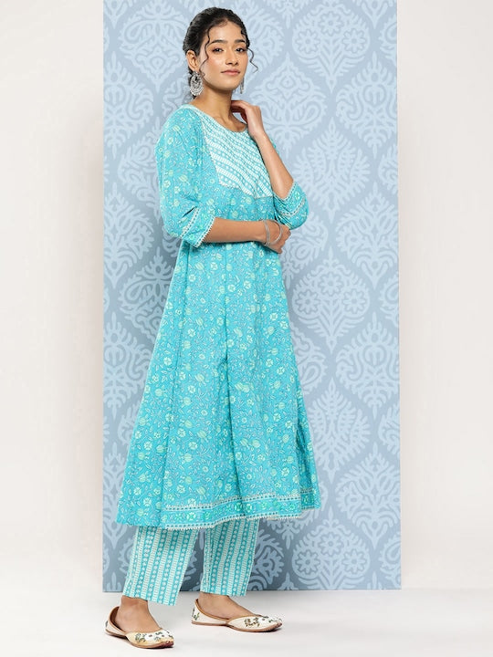 Yufta Women Blue Floral Embroidered Regular Sequinned Pure Cotton Kurta with Trousers & With Dupatta