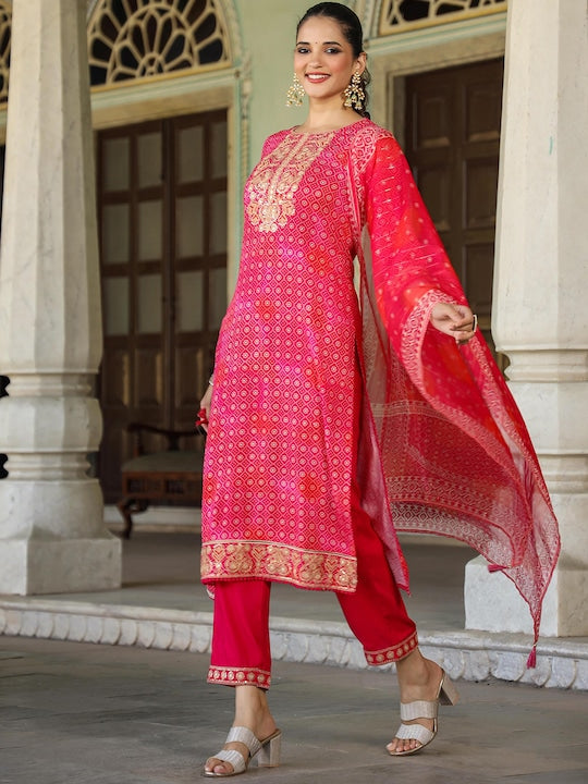 Scakhi Bandhani Printed Regular Thread Work Kurta with Trousers & Dupatta