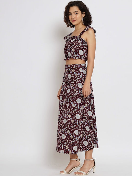 All about you Floral Printed Shoulder Straps Crop Top & Skirt