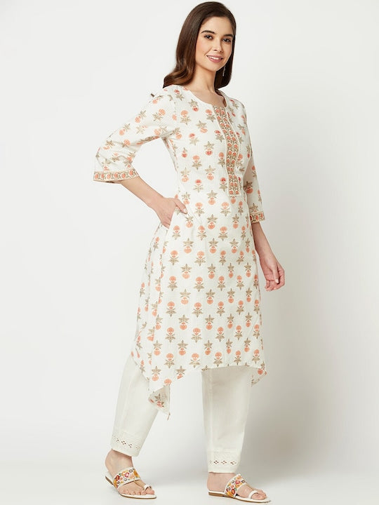 IMARA Floral Printed Flared Sleeves Thread Work Cotton Kurta