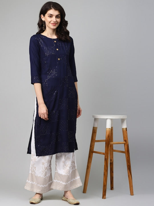 Yufta Women Navy Blue & White Solid Kurta with Palazzos