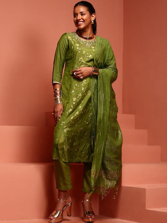 IMARA Ethnic Motifs Printed Regular Thread Work Kurta With Trousers & Dupatta