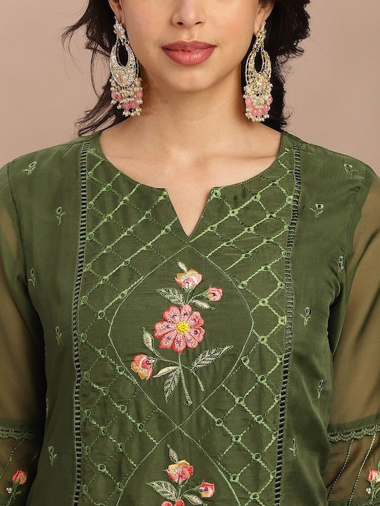 Fabmora Women Floral Embroidered Regular Kurta with Trousers & With Dupatta