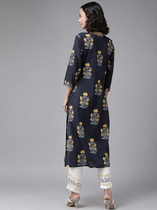 Yufta Women Navy Blue & Mustard Yellow Floral Printed Pure Cotton Kurta with Palazzos White