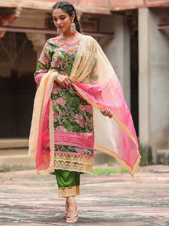 Scakhi Floral Printed Regular Silk Crepe Kurta with Trousers & Dupatta
