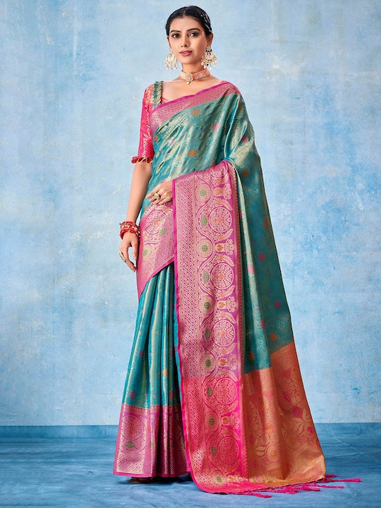 Sangria Teal Floral Woven Design Zari Saree