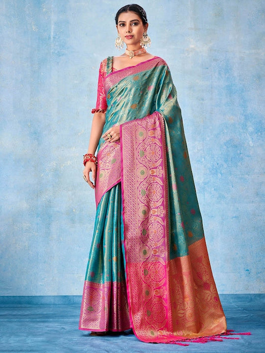 Sangria Teal Floral Woven Design Zari Saree
