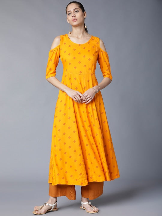Vishudh Women Yellow Printed A-Line Kurta
