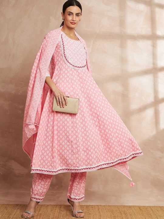 All about you Floral Printed Thread Work Pure Cotton Kurta With Trousers & Dupatta