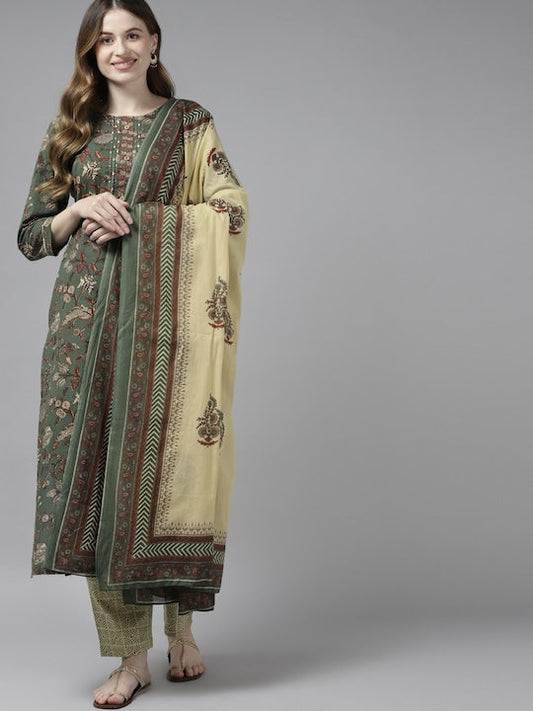 Yufta Women Green & Beige Floral Printed Pure Cotton Kurta with Palazzos & With Dupatta - S