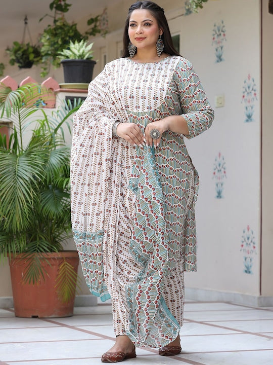 Yufta Plus Size Floral Printed Pure Cotton Straight Kurta & Trousers With Dupatta