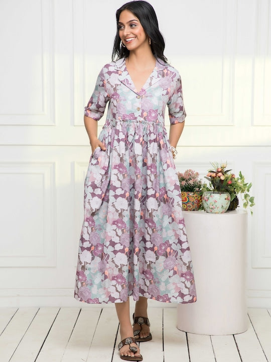 Myshka Floral Printed Lapel Collar Midi Fit & Flare Dress