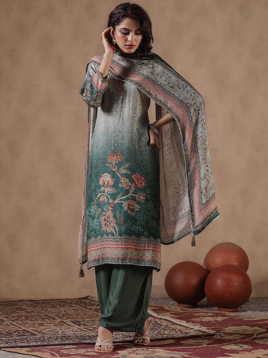 Scakhi Floral Printed Regular Mirror Work Kurta with Palazzos & With Dupatta