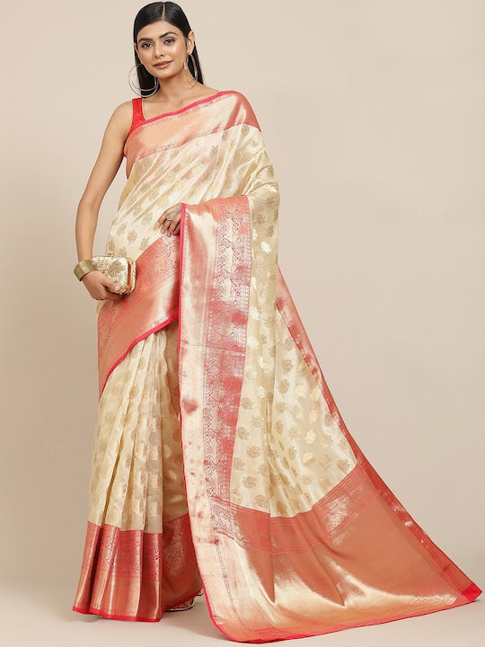 Silk Land Off White Ethnic Motifs Zari Kanjeevaram Saree